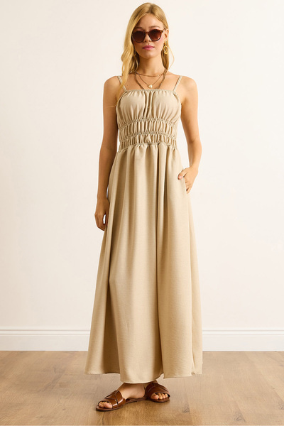 Olalook Women's Stone Strap Adjustable Pocket Gipe Detailed Maxi Dress Elb-19002519