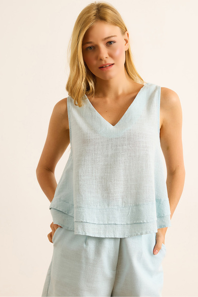 Olalook Women's Baby Blue V-Neck Linen Look Flam Bell Blouse Blz-19003060
