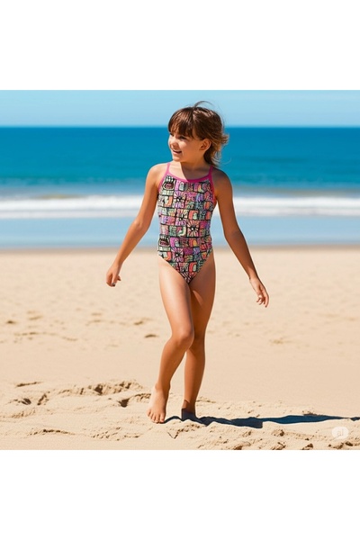 SPEEDO Allover Digital V-Back Girl's Swimmer Swimsuit Patterned Purple