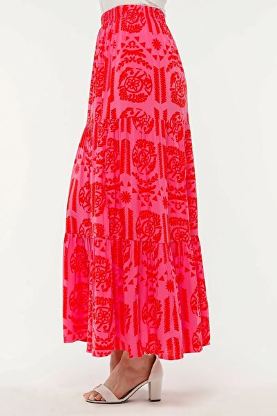 EN WOMAN Viscose Fabric Pink Red Patterned Long Skirt with Ruffles and Slits