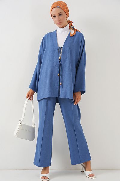 Merterium Set dublu kimono de in pentru femei Indigo 1003