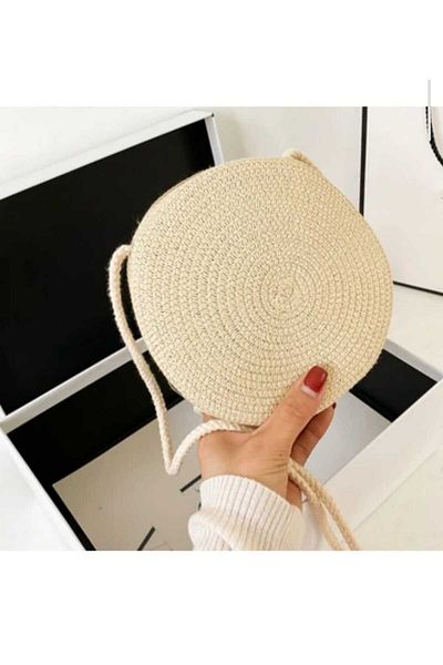 BİGÜMEX Straw Bag Round Straw Bag Summer Beach Bag Woven Shoulder Bag 12X12Cm