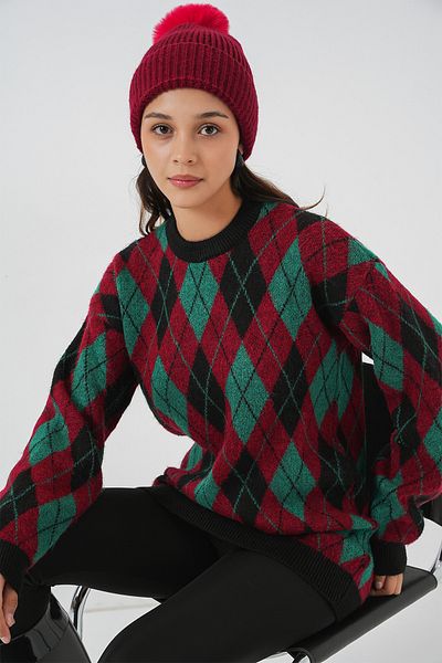 Bigdart Women's Diamond Patterned Knitwear Sweater 15929 - Claret Red