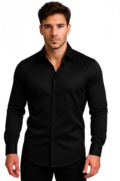 BYBÜLENT Men's Black Long Sleeve Cotton Satin Special Production Premium Quality Shirt