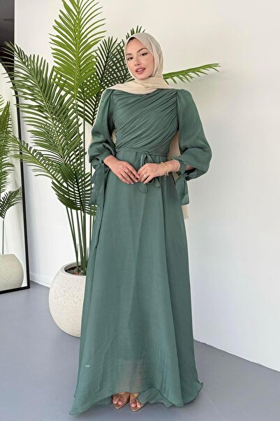 Modaensarbutik Gögüs Drapeli Kolları Bağlamalı Jan Jan Tesettür Abiye-ZÜMRÜT YEŞİL