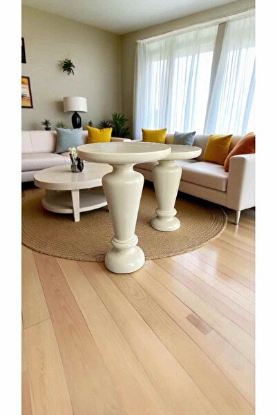 Simillo Home&Living Ahşap Mantar Sehpa 2’li Set – Krem Renk Modern Yan Sehpa ...