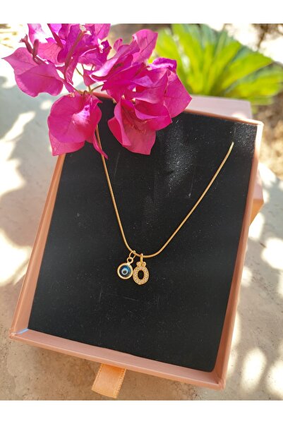 LUCKY ACCESSORIES Çelik Zincir Cam Nazar Boncuğu Harf Kolye