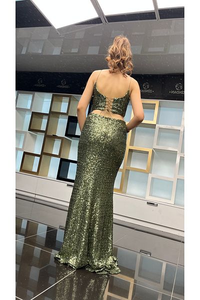 my podium Long Slit Back Tie-Up Sequin Evening Dress
