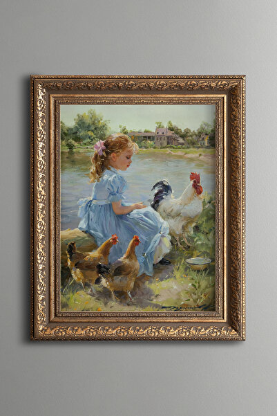 epiqart Girl Feeding Chickens - Vintage Patterned Frame
