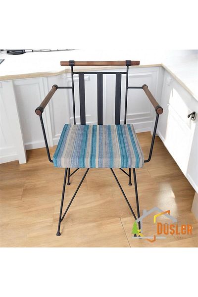 DÜŞLER EV TEKSTİLİ 40X40 Blue Gray Striped Water and Stain Repellent Zippered Lace Chair Cushion 5 cm