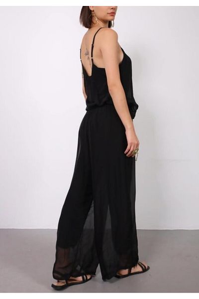 İTALYAN Assa Women's Strap Silk Black Standard Size Jumpsuit