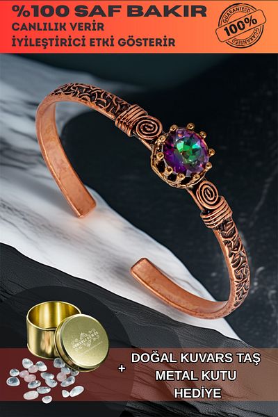 OSMANLI GÜMÜŞ Women's Copper Bracelet - Mystic Topaz Model 2 Tree Bark Model Thin Metal Box Quartz Stone Bracelet