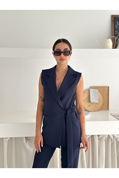 diaves Синій жилет з поясом, штани з поясом, тканий комплект