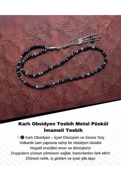 Saff Doğal Taş Certified Snowy Obsidian Metal Tassel Imame Prayer Beads