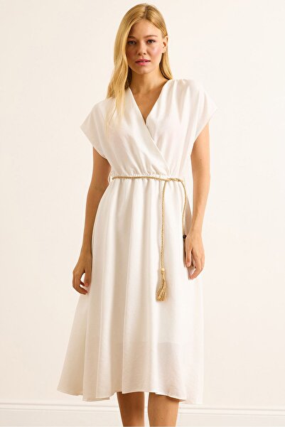 Olalook Women's White Straw Lace Bat Waist Elastic Dress Elb-19002486