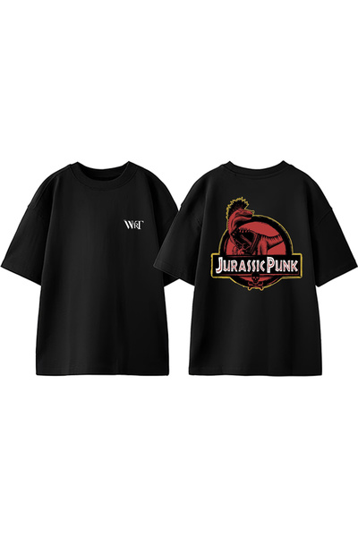 THEWERT Tricou oversize negru din bumbac cu imprimeu Jurassic Punk Design