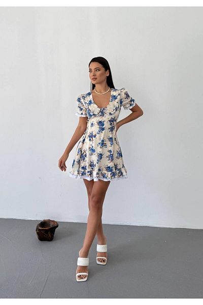 Bleu Petite Floral Pattern Lined Crepe Fabric Short Women's Dress