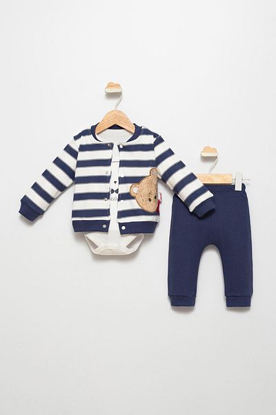 Fulla Moda 100% Cotton Striped Teddy Bear Embroidered 3-Piece Boy's Suit