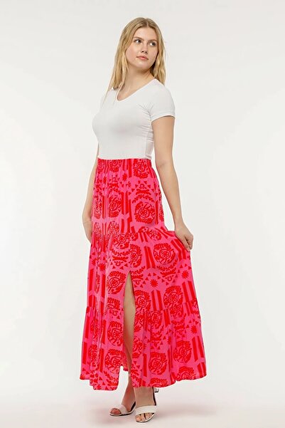 EN WOMAN Viscose Fabric Pink Red Patterned Long Skirt with Ruffles and Slits