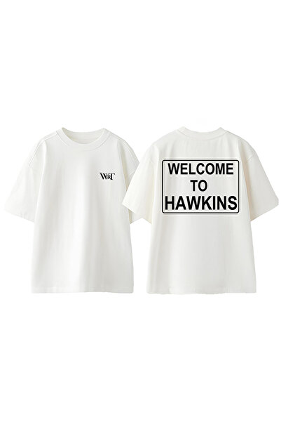 THEWERT تي شيرت أبيض كبير الحجم من القطن مطبوع من الخلف بتصميم هوكينز