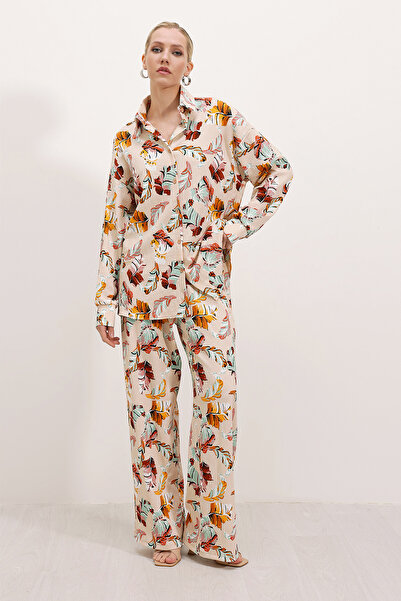 Merterium Cămașă pentru damă, pantaloni, set dublu tricotat crem 1004