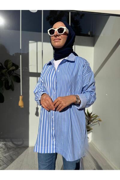 Invee 7082 Γυναικείο ριγέ πουκάμισο μπλε