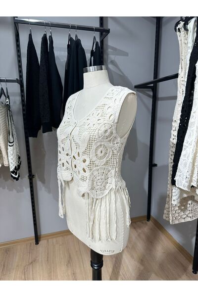 MT CLUB Saçak Detaylı Dairesel Motifli Tığ İşi Yazlık Yelek