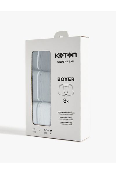 Koton Cotton Striped Rubber Detailed 3-Piece Boxer Set
