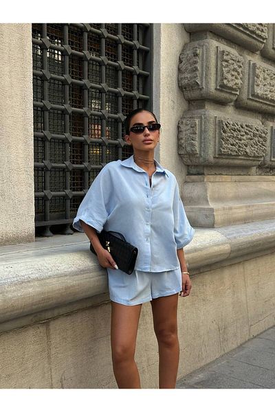 Bleu Petite Linen Fabric Women's Shirt Shorts Set