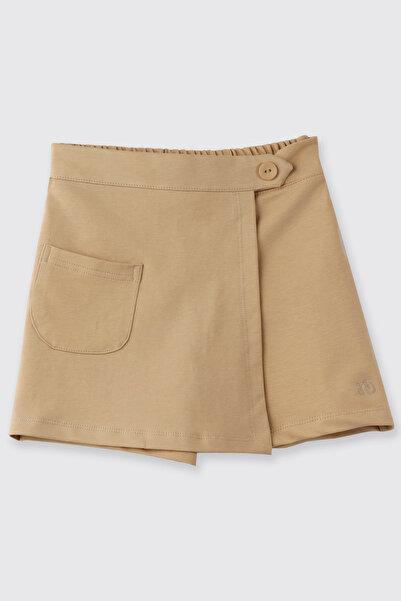 Panço Kız Çocuk Cep Detaylı Beli Yarım Lastikli Bej Şort Etek