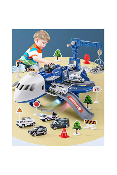 LUDIRO Avion de Politie Interactiv cu Lumini, Sunete, 4 Piste, Macara 360°, M...