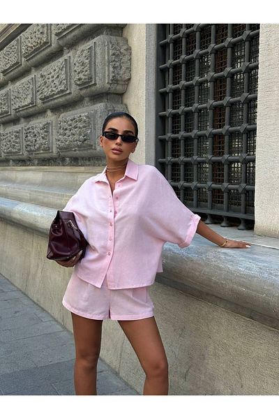 Bleu Petite Linen Fabric Women's Shirt Shorts Set