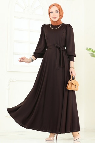 ModaMerve Kemerli Tesettür Elbise 4539ALG474-MS Acı Kahve