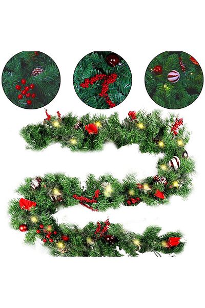 Teo Christmas Garland, Artificial Fir Tree with Decorations, Battery Operated, 30 LEDs, 180 cm, Green