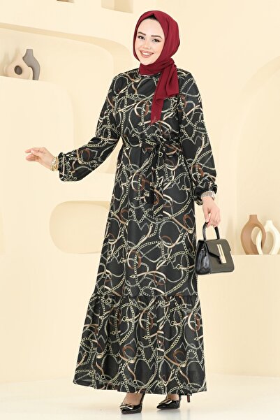 ModaMerve Zincir Desenli Helen Elbise 4086PM271-MS Siyah