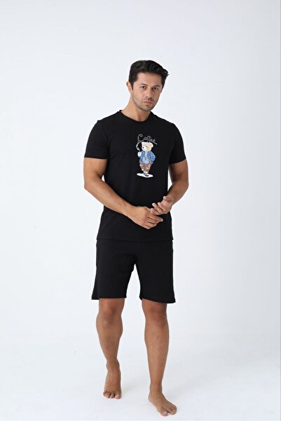 PİJART Černá bavlněná pletená pánská pyžamová souprava s kraťasy