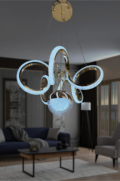 RSCOLLECTIONS Kıvrım Tekli Fanus Top Simli Slikonlu Modern Oturma Led Avizesi Kumandalı Gold