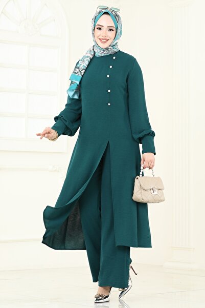 ModaMerve Önden Yırtmaçlı Tesettür Takım 2664SL432-MS Petrol