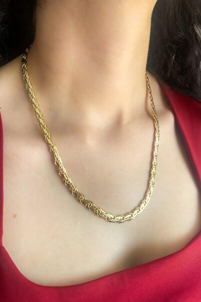 DEMOKAN Kadın Kolye Kararmaz 14k Altın Renk Vip Seri İthal Kalın Sık Örgü Zincir Kolye