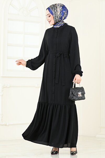 ModaMerve Önden Düğmeli Tesettür Elbise 2622SL432-MS Siyah