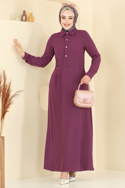 ModaMerve Half Button Aerobin Dress 3654Mh427-Ms Plum