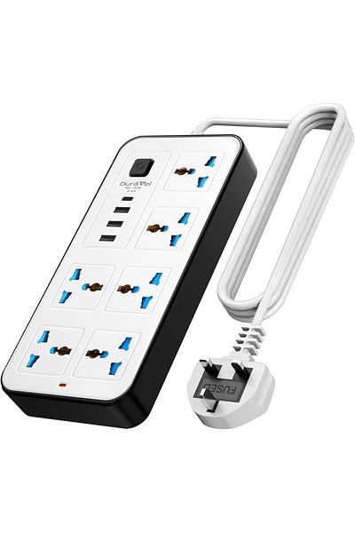 Duravel Universal Extension Lead/Cord with Multiple Functions, UK 3-Pin Plug Socket with 6 Outlets |