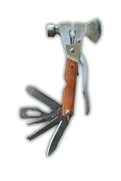 SHOPONLY Çok Fonksiyonlu Çekiçli Penseli Baltalı Kamp Aleti – Paslanmaz Çelik ve Ahşap Sap