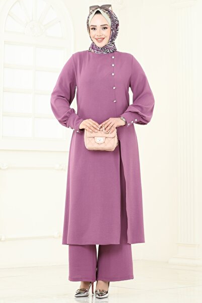 ModaMerve Önden Yırtmaçlı Tesettür Takım 2664SL432-MS Koyu Gül Kurusu