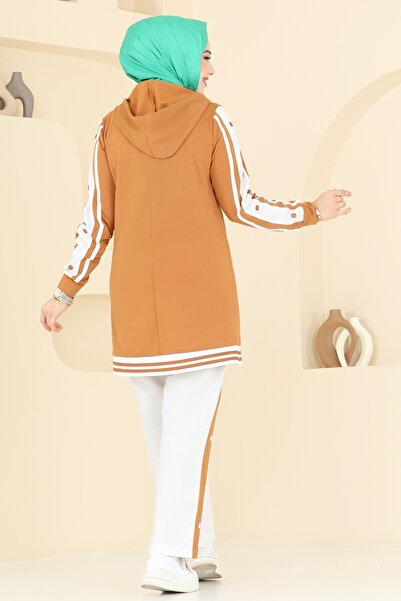 ModaMerve Yazı Baskılı Tesettür Takım 2599SL432-MS Koyu Hardal
