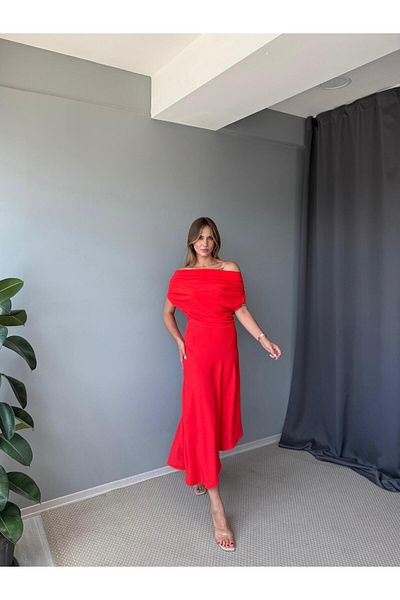 AlisaSu Women's Red Draped Asymmetrical Dress with Gathered Detail on the Shoulders