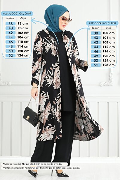 ModaMerve Desenli Viskon Üçlü Takım 4030BG354-MS Siyah