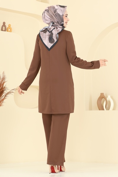 ModaMerve Boncuk İşlemeli Tesettür Takım 2672SL432-MS Kahve