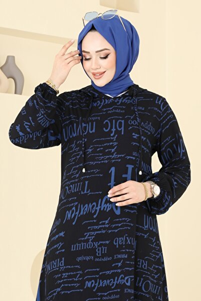 ModaMerve Yazı Detaylı Tesettür Takım 0335BG354-MS İndigo&Siyah