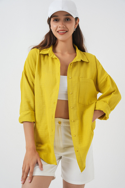 Bigdart Kadın Tek Cepli Oversize Müslin Gömlek 20353 - Hardal